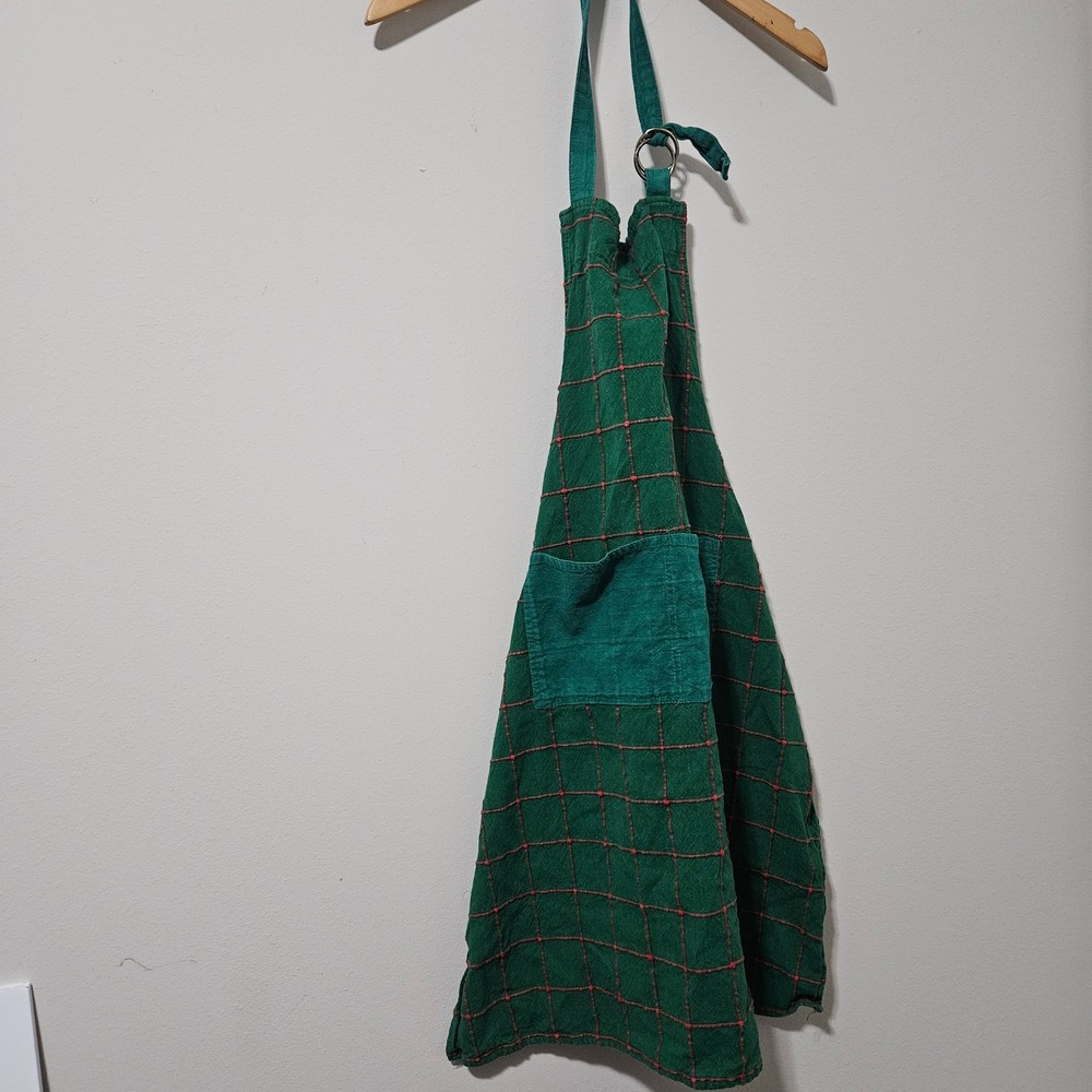 Crate & Barrel Green Plaid Cotton Apron Handwoven India Red Windowpane Check